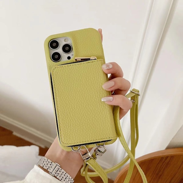 Etui til iPhone 15 Pro Max 6,7 tommer Matcha glidelåspose justerings tau crossbody myntveske