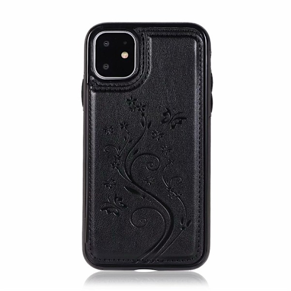 Etui til iPhone 13 Mini sort dobbelt spænde præget sommerfugl læder dobbelt stand wallet koreansk