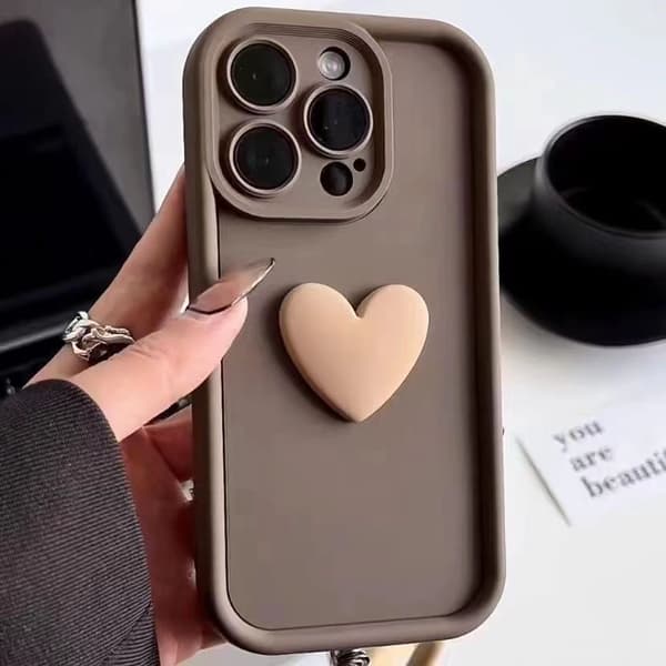 Deksel til iPhone 17pro Brun + 3D Hjerte Full Dekning Støtsikker Hjerte