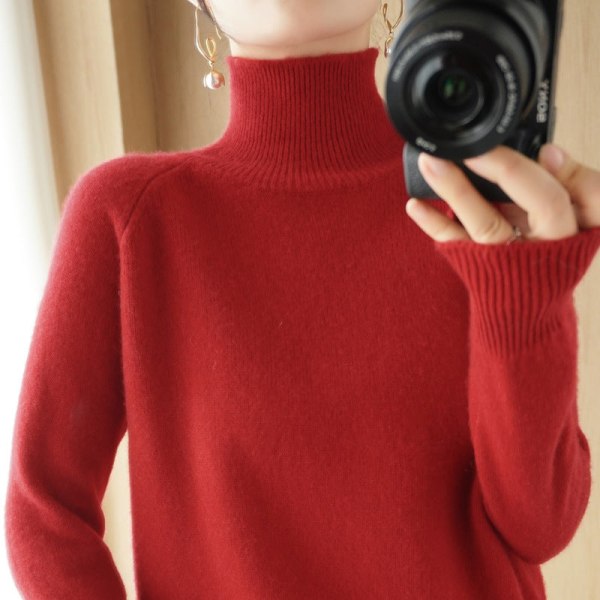 Damestrikk Høst Vinter Genser Koreansk Stil Tykket Turtleneck Raglan Bunnskjorte Løs Cherry red M