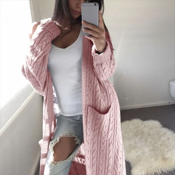 Kvinner Strikk Høst Vinter Genser Lang Dobbel Pocket Full Body Twist Cardigan Pink L