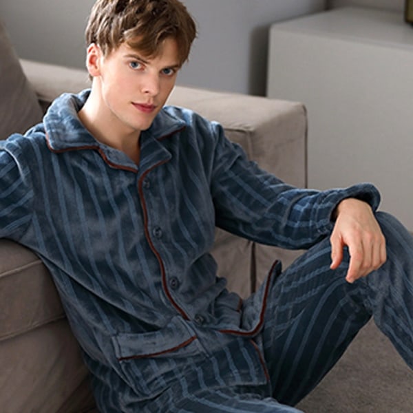 Mænds flannel efterår og vinter pyjamas fortykket Coral Velvet Suit blue L