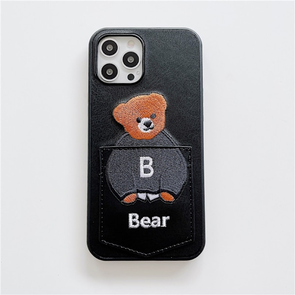 Fodral för iPhone 13 Pro ficka läder svart bakgrund Björn björn kort tecknat läder