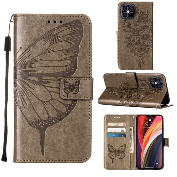 Fodral för iPhone 13pro MAX Grått präglat fjärilsvingar kortplats läderplånbok