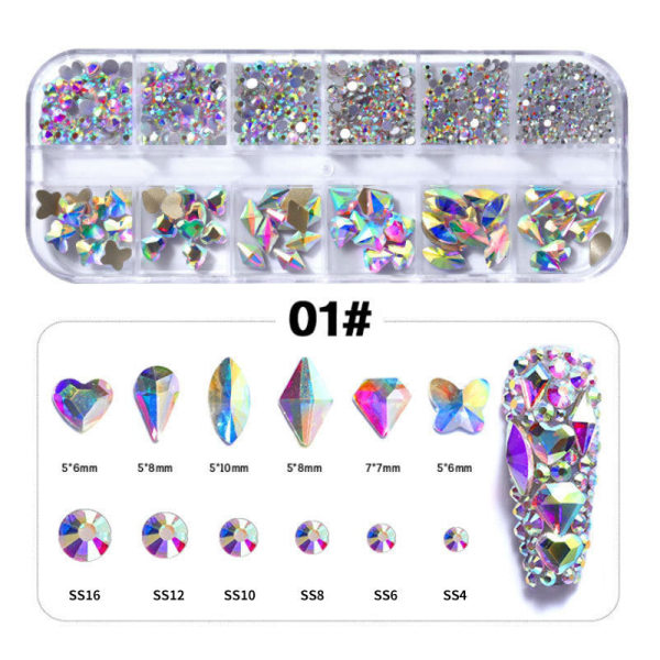 Negledekorationer til neglekunst DIY-diamantdekorationer Høj sølvbundsbor Magisk farve AB Rhinestone Long Box ornament 07