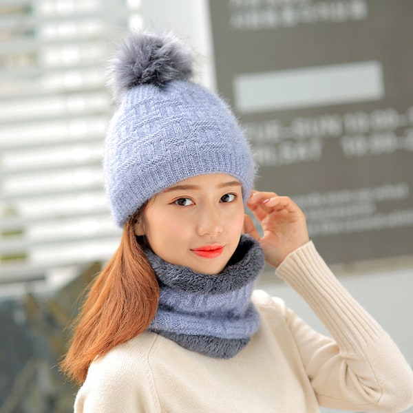 Lämmin talvi neulottu pipo Hatut Paksutettu Söpö Pallo Villa Cap Naisten Korean Tyyli Muoti Unisex Gray Blue Hat scarf [fleece-lined] M