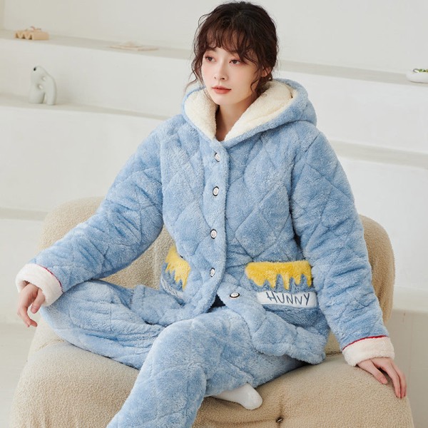 Talvi kolminkertainen paksunnettu ja fleecepuuvillainen plus-kokoinen eristävä pehmoinen naisten pyjamat light blue L