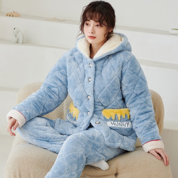 Vinter trippel fortykket og fleecebomull Plus-størrelse isolerende plysj pyjamas for damer light blue L