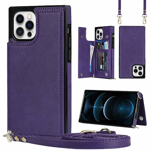 iPhone 13 Pro Max -kotelo, violetti, crossbody, kaksoissolki, korttipaikka, lompakko, nahkainen pidike