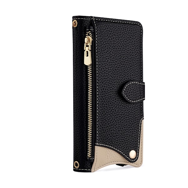 Etui til iPhone 15plus sort enkelt læder etui kosmetisk spejl crossbody kortholder
