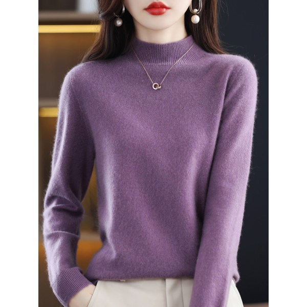 Damestrik efterår vinter sweater Uld sweater med almindelig kernegarn halv rullekrave Dark Purple M