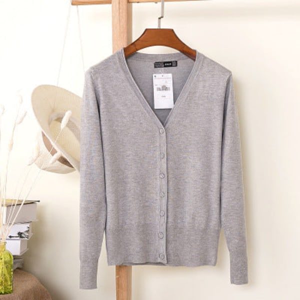 Damestrikk Høst Vinter Genser Loose Crop Top Cardigan Langermet Inverness Light gray XXL