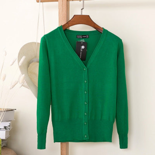 Damestrikk Høst Vinter Genser Loose Crop Top Cardigan Langermet Inverness Grass Green S