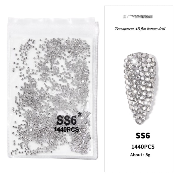 Negledekorasjoner for Nail Art Botting Drill Transparent AB Diamond DIY-dekorasjoner Gullbunn Sølvbunn SS6 White Diamond (2.0)1440