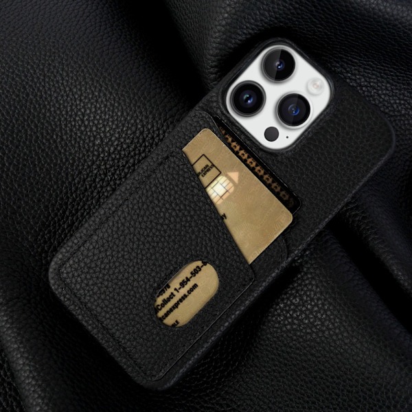 Etui til iPhone 14 Pro sort læder litchi kortslot