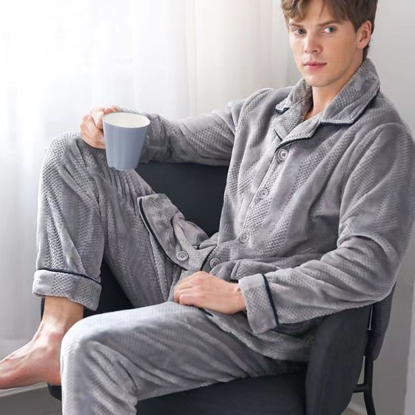 Miesten flanelli syksyn ja talven pyjamat, paksuuntunut korallisamettipuku gray M