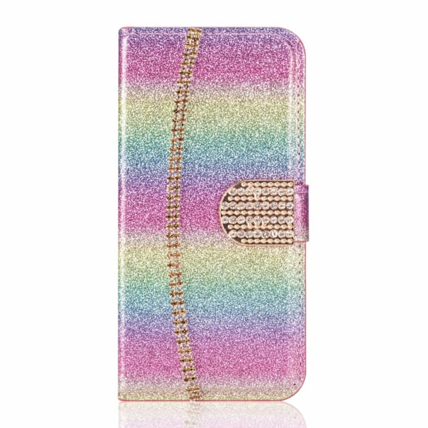 Etui til iPhone 13 Pro regnbue gradient grøn glitter kort slot læder guldkæde diamant pung