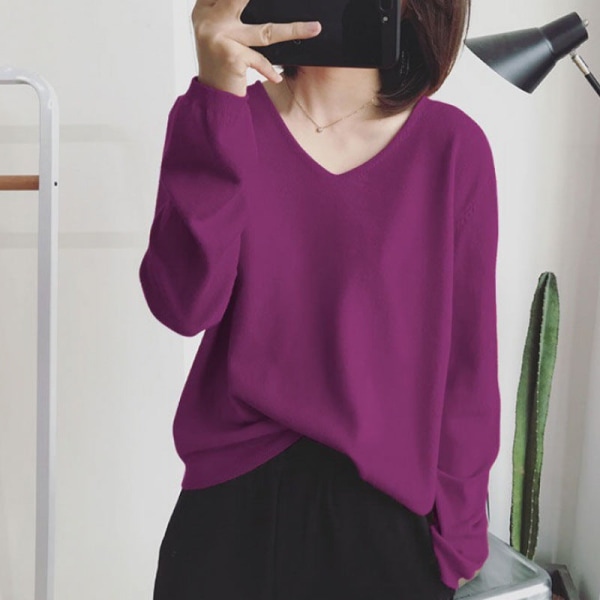 Kvinder Strik Efterår Vinter Sweater V-hals Sweater Student Løs Langærmet Pullover Top Purple M