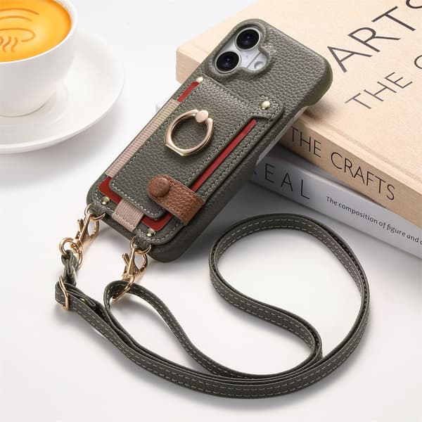Etui til iPhone 14 Plus, grått, crossbody, lang snor, kortoppbevaring, lær, anti-fall