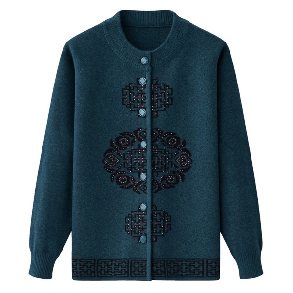 Damestrik Høst Vinter Genser Rød Kåpe for Eldre Fortykning Cardigan Peacock Blue XXXL