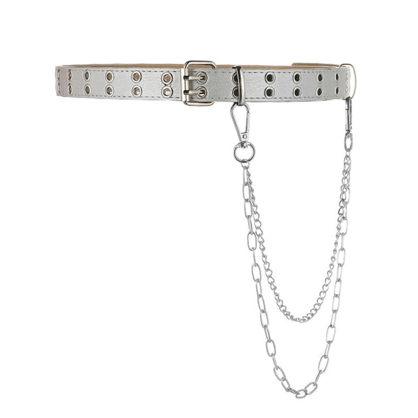 Kvinder Bælter Kæde Dekoration Afslappet Bælte Mode Dobbelt række Øjeknap Tyndt Bælte Udhulet Pin Spænde Bælte Dame Silver 105x2.3cm