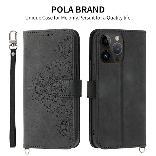 Fodral för iPhone 16 ProMax svart präglat läder plånbok multifunktionellt fulltäckande kortfack Kyocera
