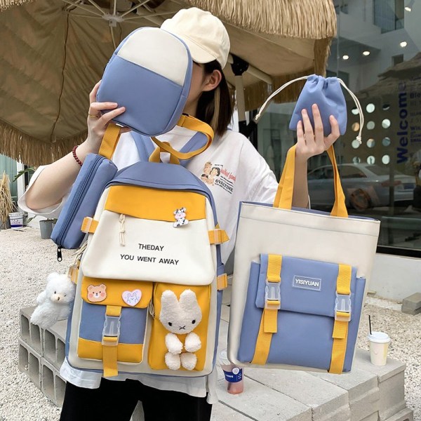 Skoletaske Casual Nylon farvematchende rygsæk Sød pige med stor kapacitet rygsæk Blue
