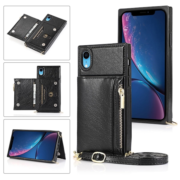 Etui til iPhone 13mini sort crossbody læder multifunktionel lynlås pung