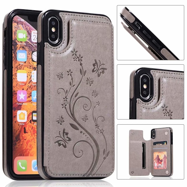 Fodral för iPhone 13 MINI grått präglat fjäril dubbelspänne korthållare läder