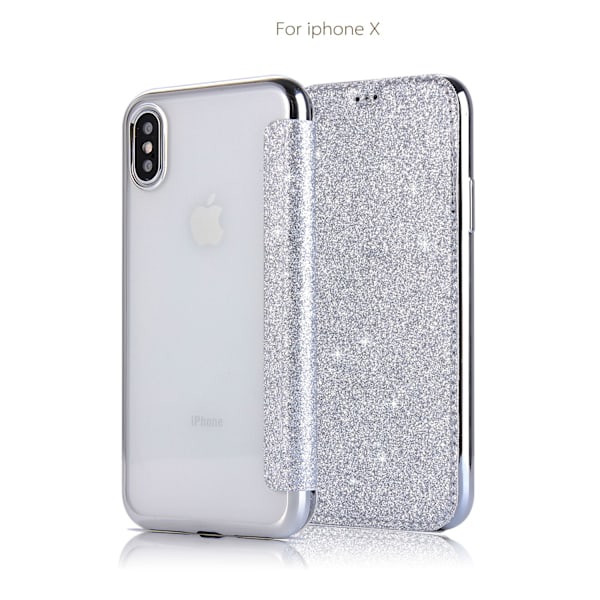 Kotelo iPhone 13 6.1 hopea, sähköpinnoitettu PU-glitter-nahka korttipaikalla