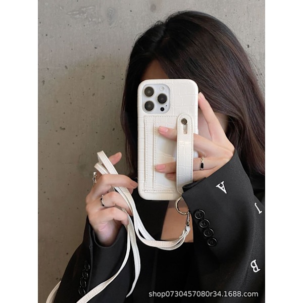 Kotelo iPhone 14:lle, valkoinen korttipaikka, ranneke, crossbody, puolikotelo, jalusta
