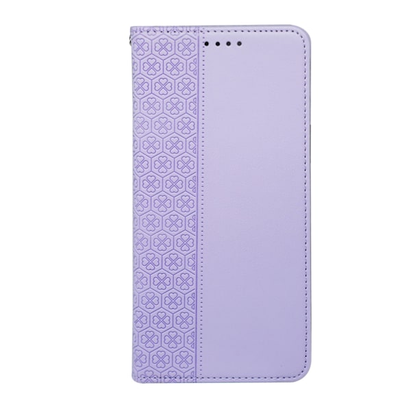Etui til iPhone 16 Pro, lys lilla læder, firkløver hjerteprint, magnetisk