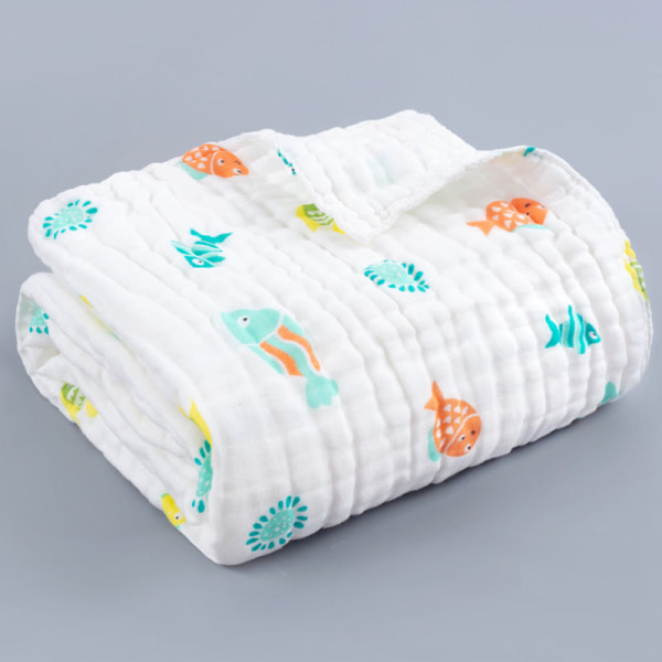 Ren bomuld højdensitet børnetæpper født seks-lags boblegaze tæppe Babys badehåndklæde Small green fish 110*110cm