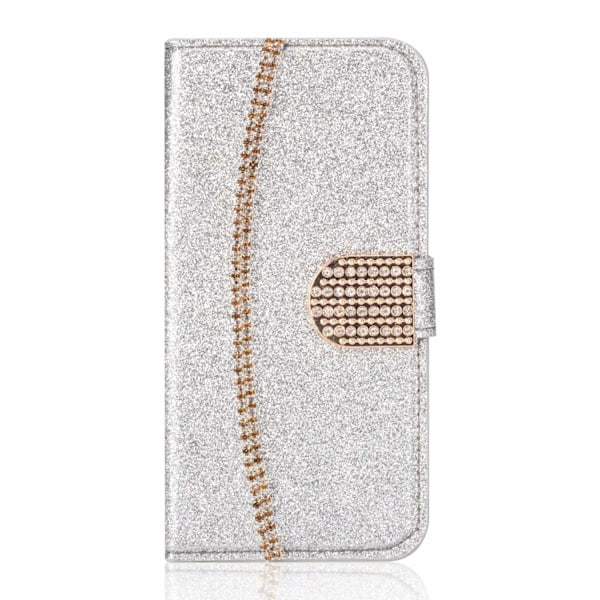 Etui til iPhone 14 Pro Max Sølv glitter kort slot læder guldkæde diamant pung