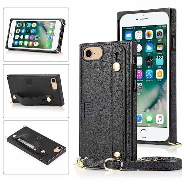 Kotelo iPhone 13 Pro -puhelimelle, musta, crossbody-ranneke, korttipidike, kaulanauha, korttipaikka, nahkaa