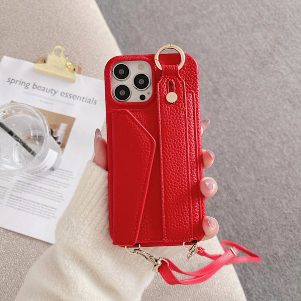 iPhone 14 Pro Max -kotelo, punainen ranneke, litsi-kuvioinen crossbody-korttipidike