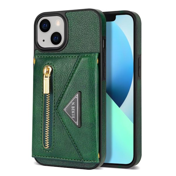 Vihreä iPhone 14 6.1 -kotelo ilman ristikkäistä olkahihnaa, crossbody-vetoketjullinen korttipidike, täysi