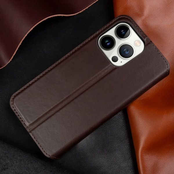 Fodral för iPhone 14 Pro Max mörkbrunt läder kortplats stöldskydd anpassat