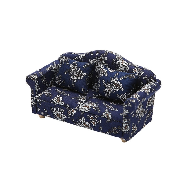 Miniatyrmøbler Leketøy Dukker Hus Gjør-det-selv-dekorasjon Tilbehør Mini 1:12 blå klut Liten floral high-end sofa Double sofa