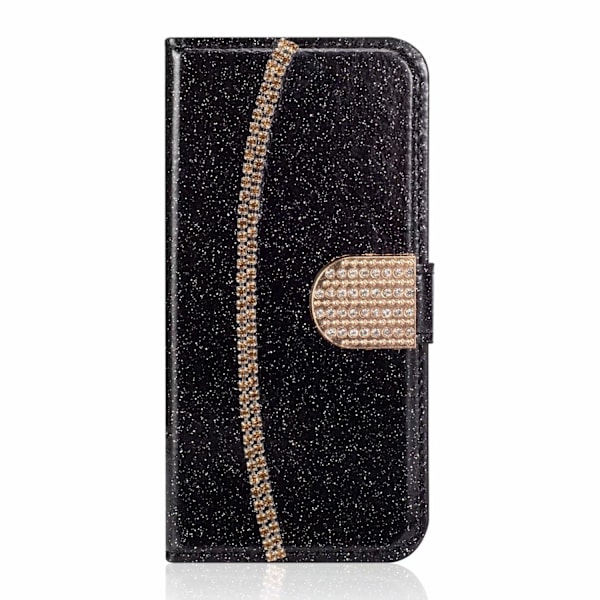 Etui til iPhone 13 Pro Max sort glitter kortslot læder guldkæde diamant pung