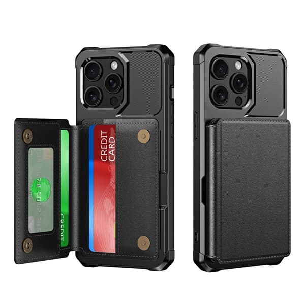 Etui til iPhone 15 Pro, sort, bilkortholder, tre-sikker