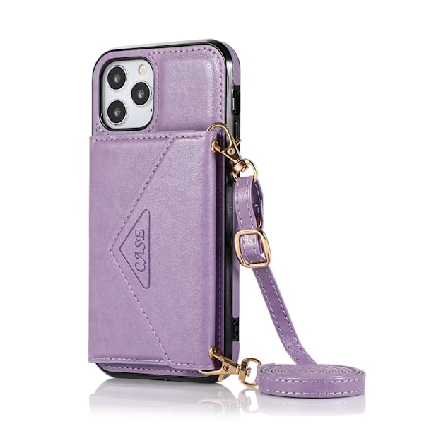 Etui til iPhone 13 Promax lilla multifunksjonelt lommebokkortspor og crossbody-stropp