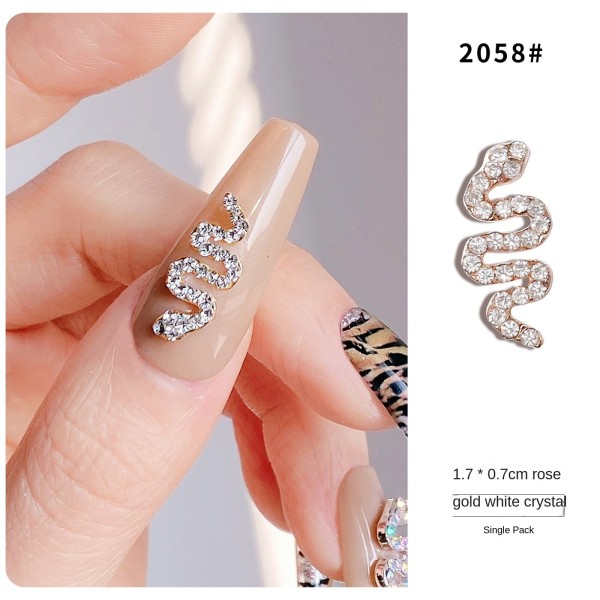 Negledekorasjoner for neglekunst diamantlegering slange rosegull og sølv full diamant tredimensjonal manikyr 2058