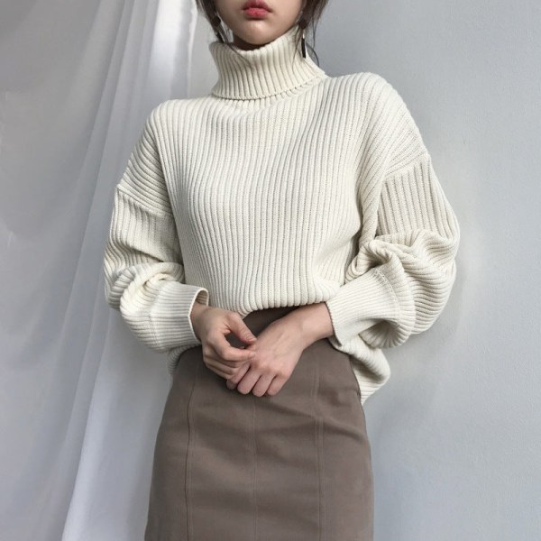 Kvinder Strik Efterår Vinter Sweater Ensfarvet Høj krave Løs Chic Bottoming Shirt Top Khaki 61*106*47cm