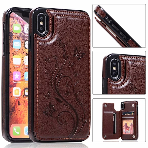 Fodral för iPhone 13 MINI brun präglad fjäril dubbelspänne korthållare läder