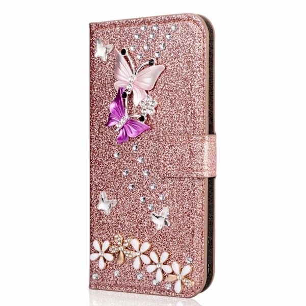 Etui til iPhone 13 Pro rosaguld glitter sommerfugl rhinestone kortslot pung læder indlagt d