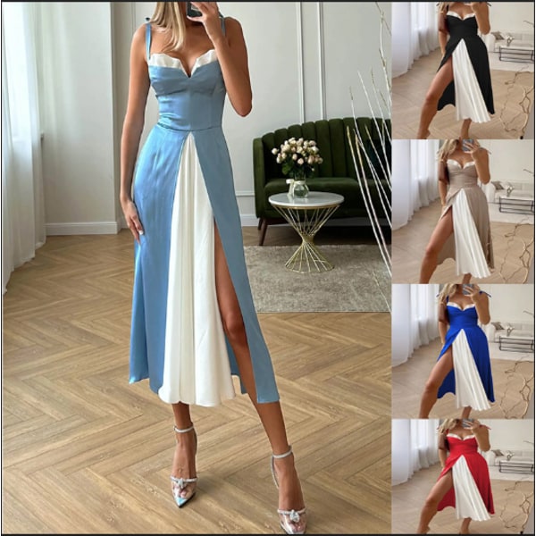 Snøre-kjole Sexet Tube Top Farve Matchende Kjole Højtalje Slids Suspender Dress Sapphire Blue L