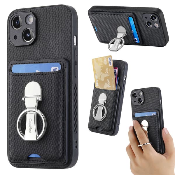 Etui til iPhone 16 Plus svart roterende ring spenne kortholder