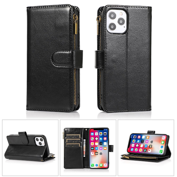 Fodral för iPhone 13 Pro 6.1 svart läder multifunktionell plånbok nio kort