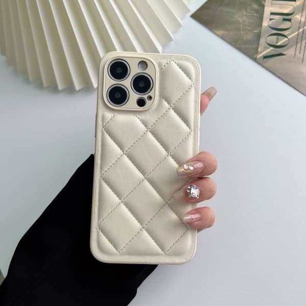 Etui til iPhone 16 Pro læder diamantmønster hvid solid dunjakke ins trend